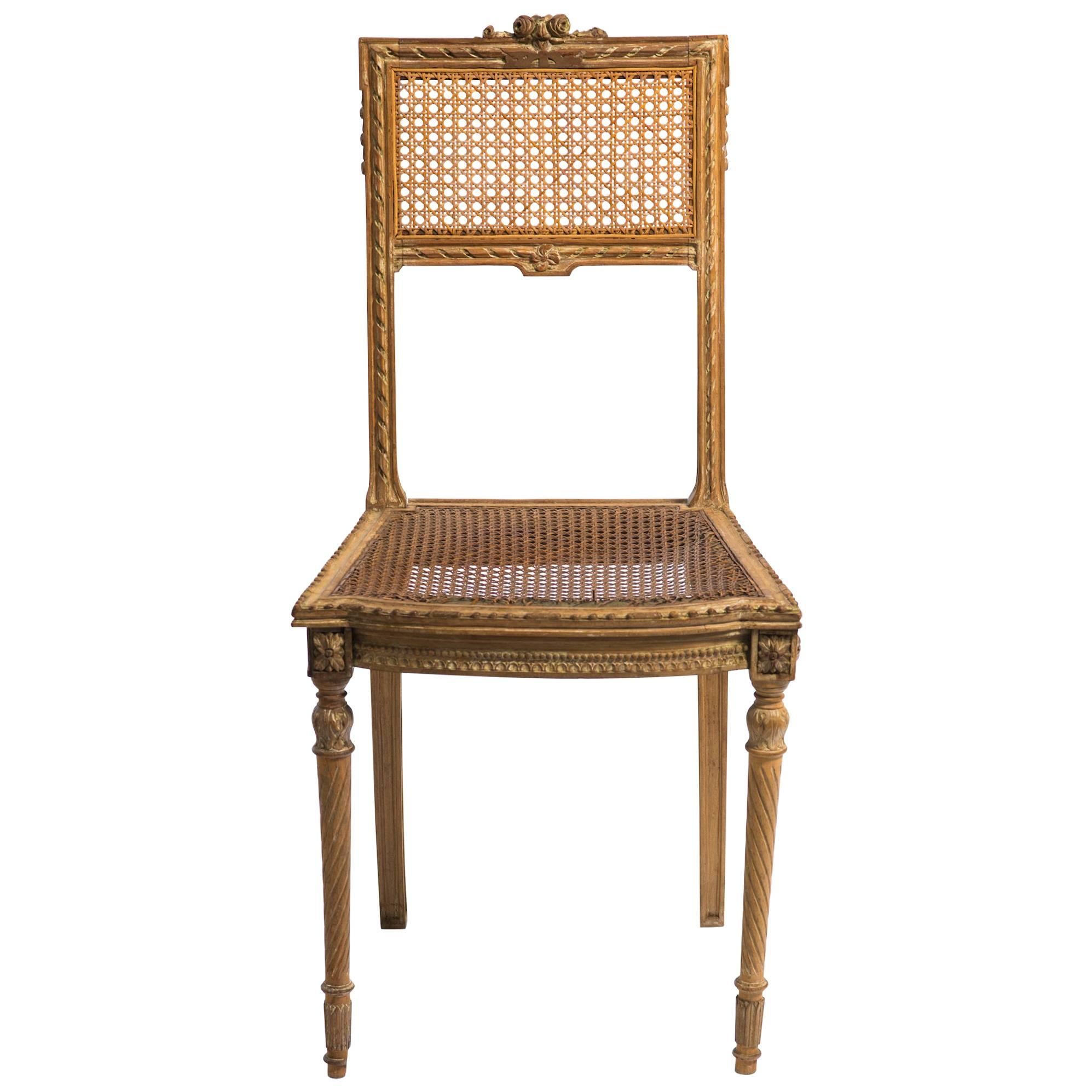 1920s Hand-Carved French Caned Side Chair
