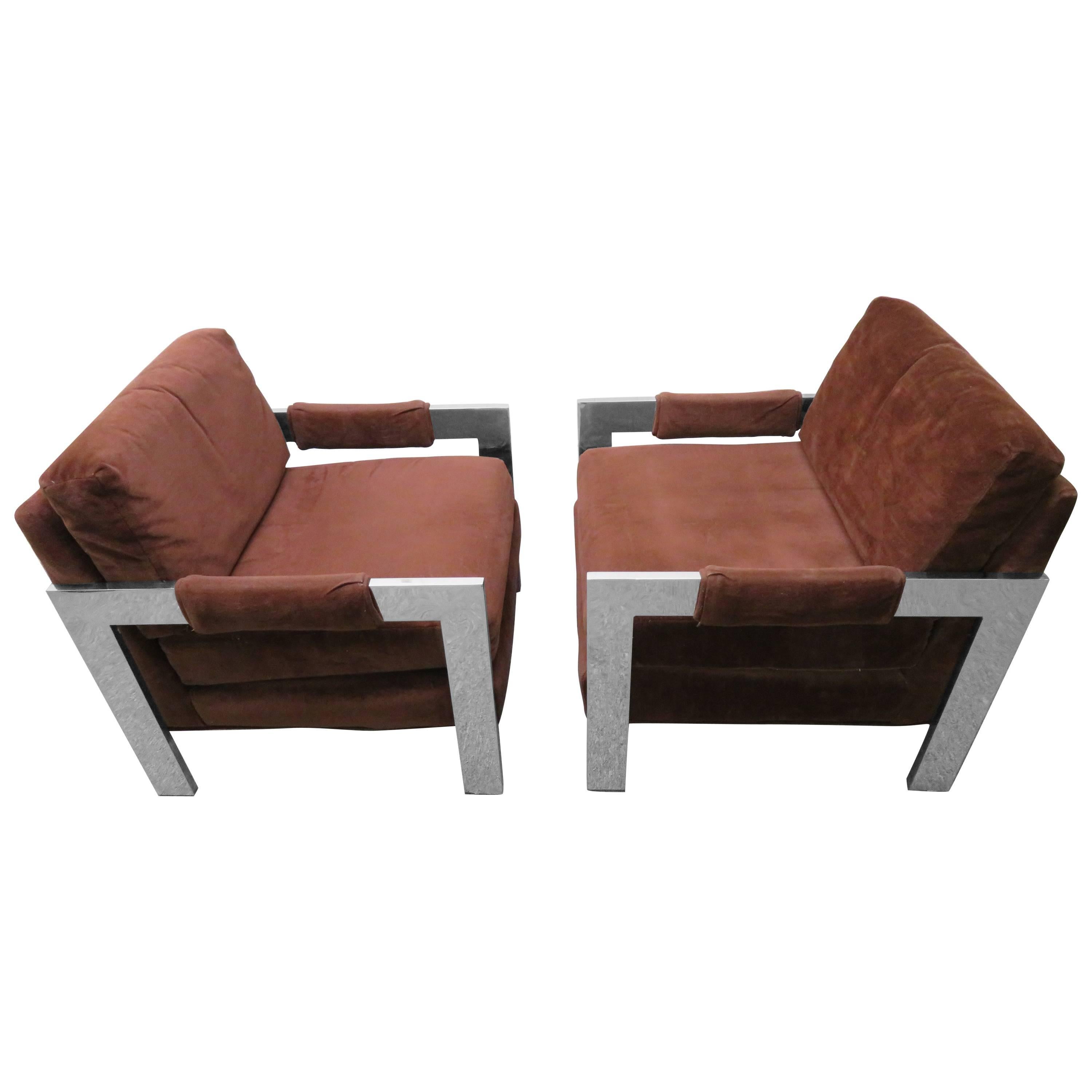 Chunky Chrome Pair Milo Baughman StyleLounge Chairs, Mid-Century Modern