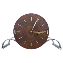 French Art Deco Clock in Wood and Nickel