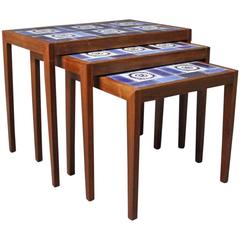 Set of Nesting Tables in Rosewood with Tiles in Blue Colors, 1960s