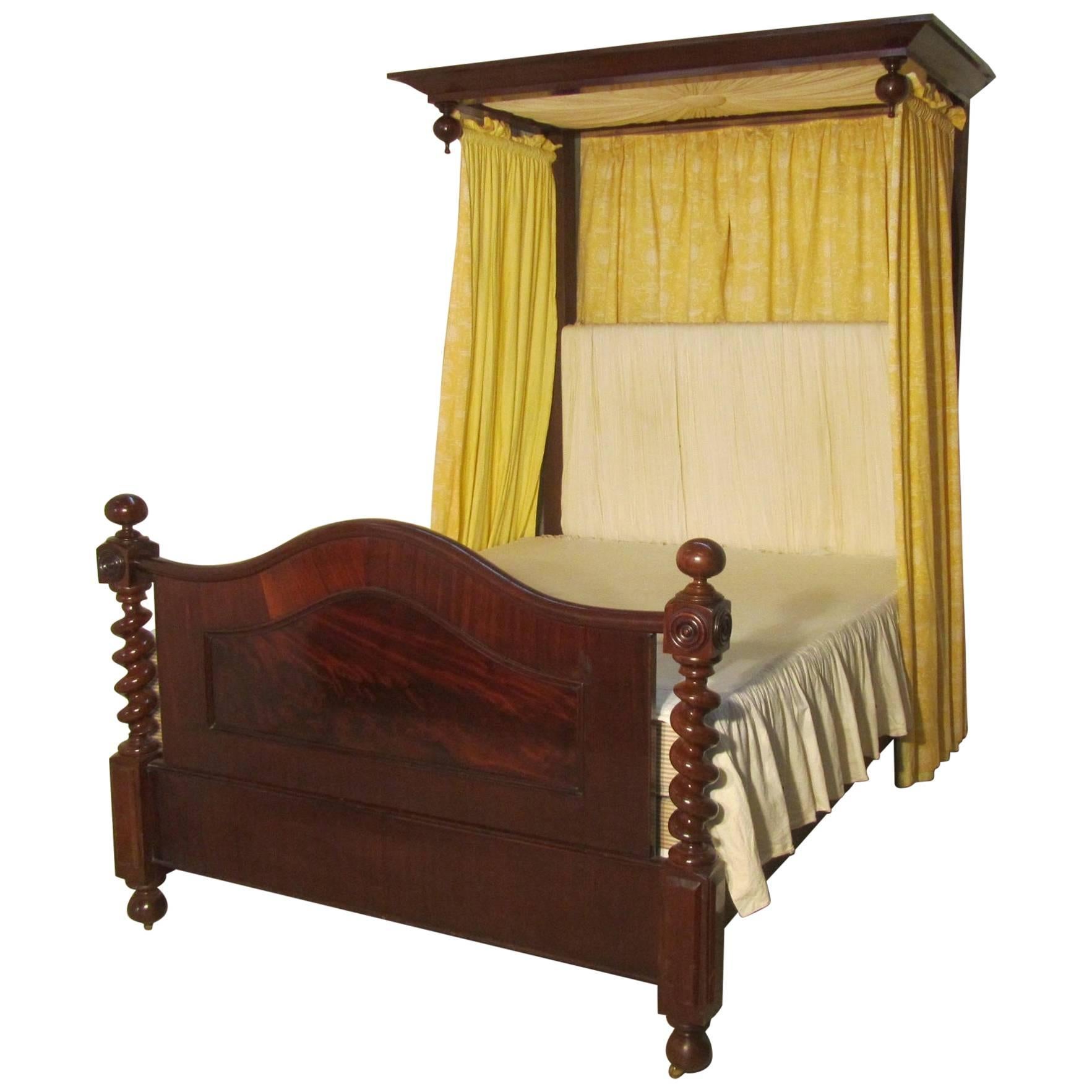 Victorian Mahogany Half Tester Bed, Sunburst Canopy Barley Twist Columns