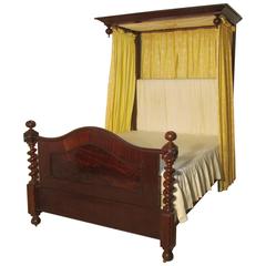 Antique Victorian Mahogany Half Tester Bed, Sunburst Canopy Barley Twist Columns