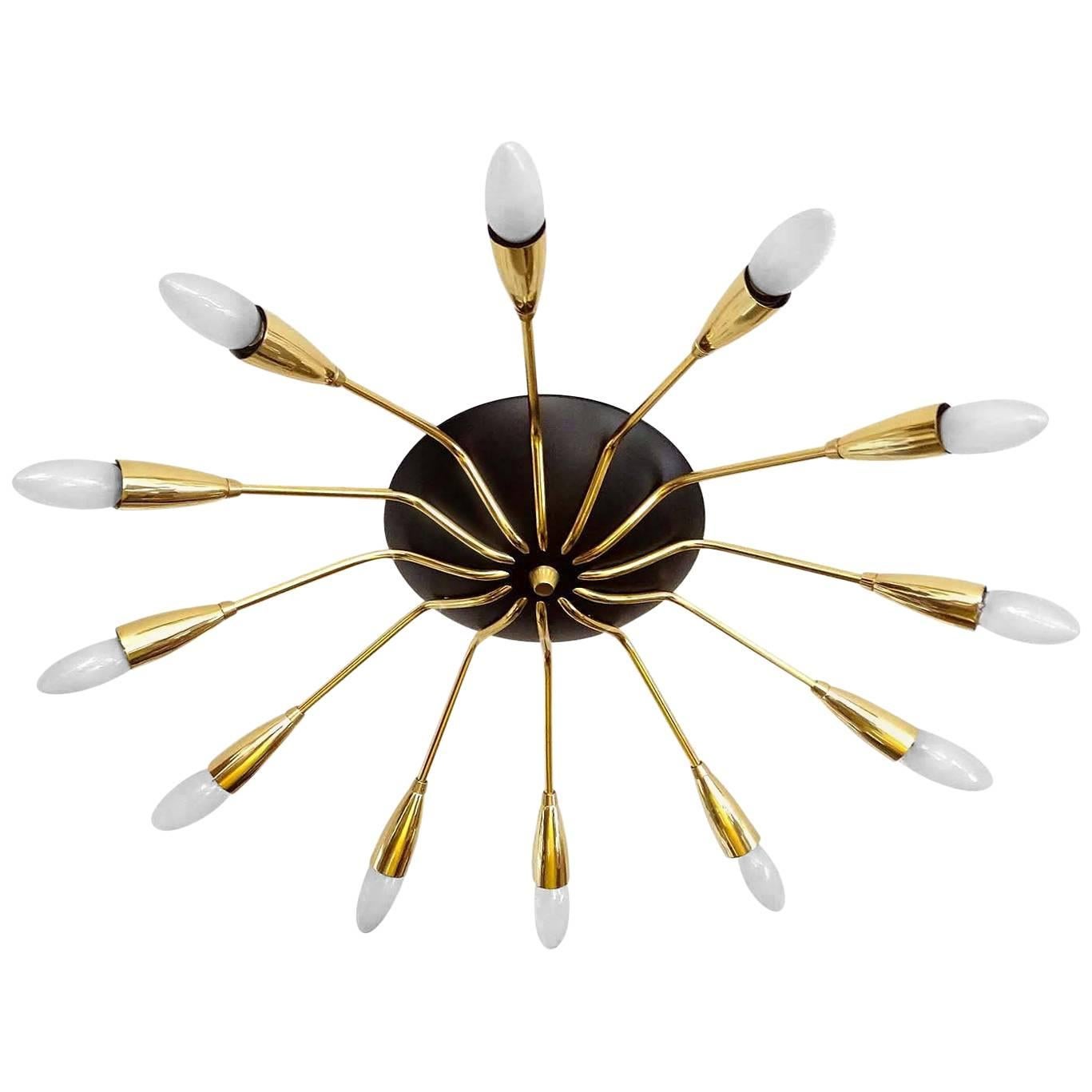 Large Mid-Century Sunburst Brass Chandelier, 1950s Design in Stilnovo Style