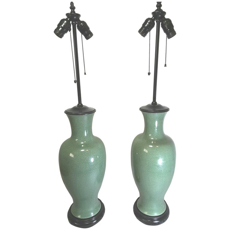 Pair of Celadon Table Lamps on Asian Style Bases For Sale