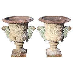 Pair of Late 19th Century Painted Cast Iron Garden Urns