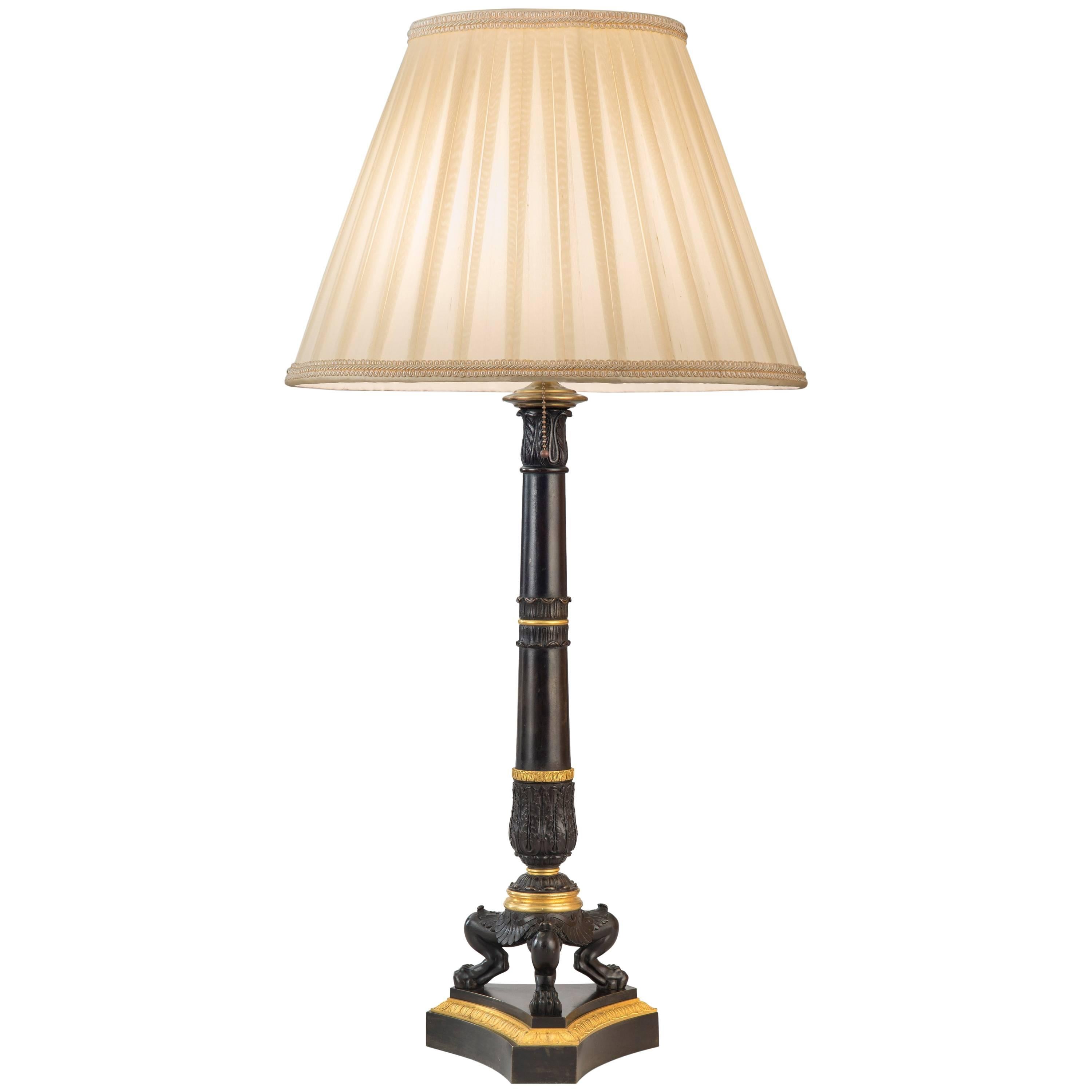 French Charles X Patinated and Gilt Bronze Column Lamp For Sale