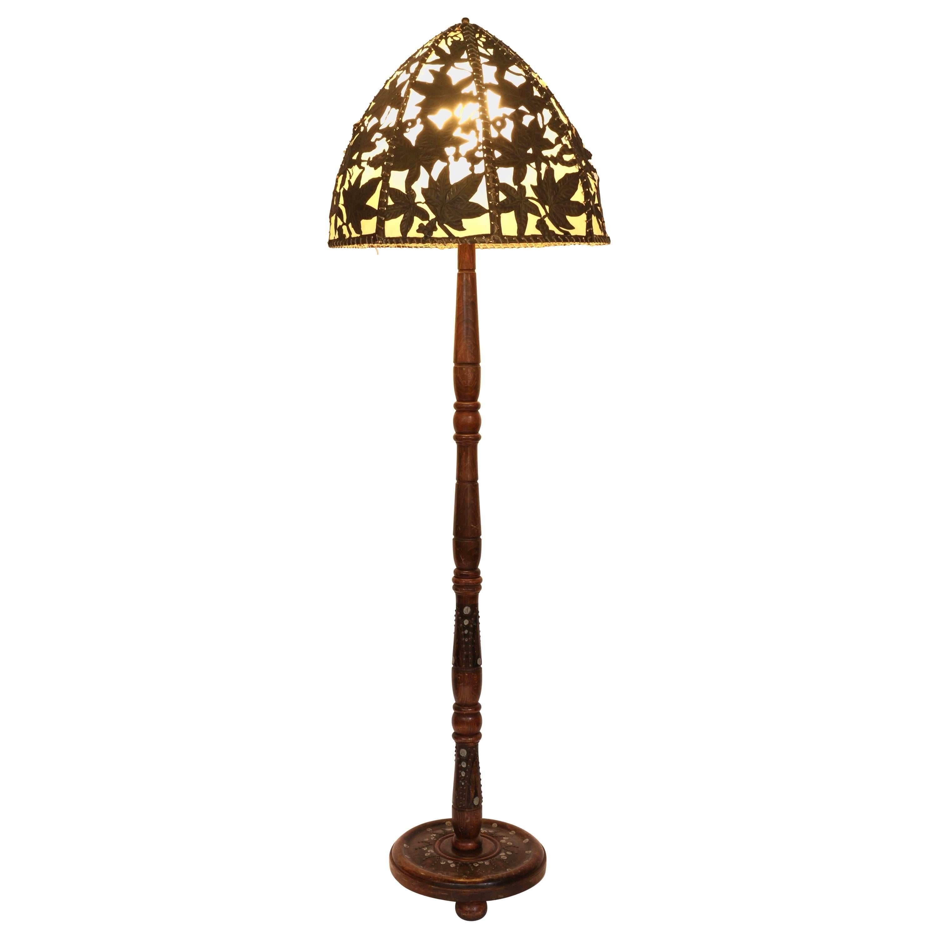 Floor Lamp with Painted Decorations and Original Brass Lampshade For Sale