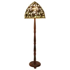 Antique Floor Lamp with Painted Decorations and Original Brass Lampshade