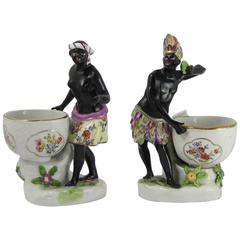 Antique Two 18th Century French Salt Cellars with African Figures in Painted Porcelain