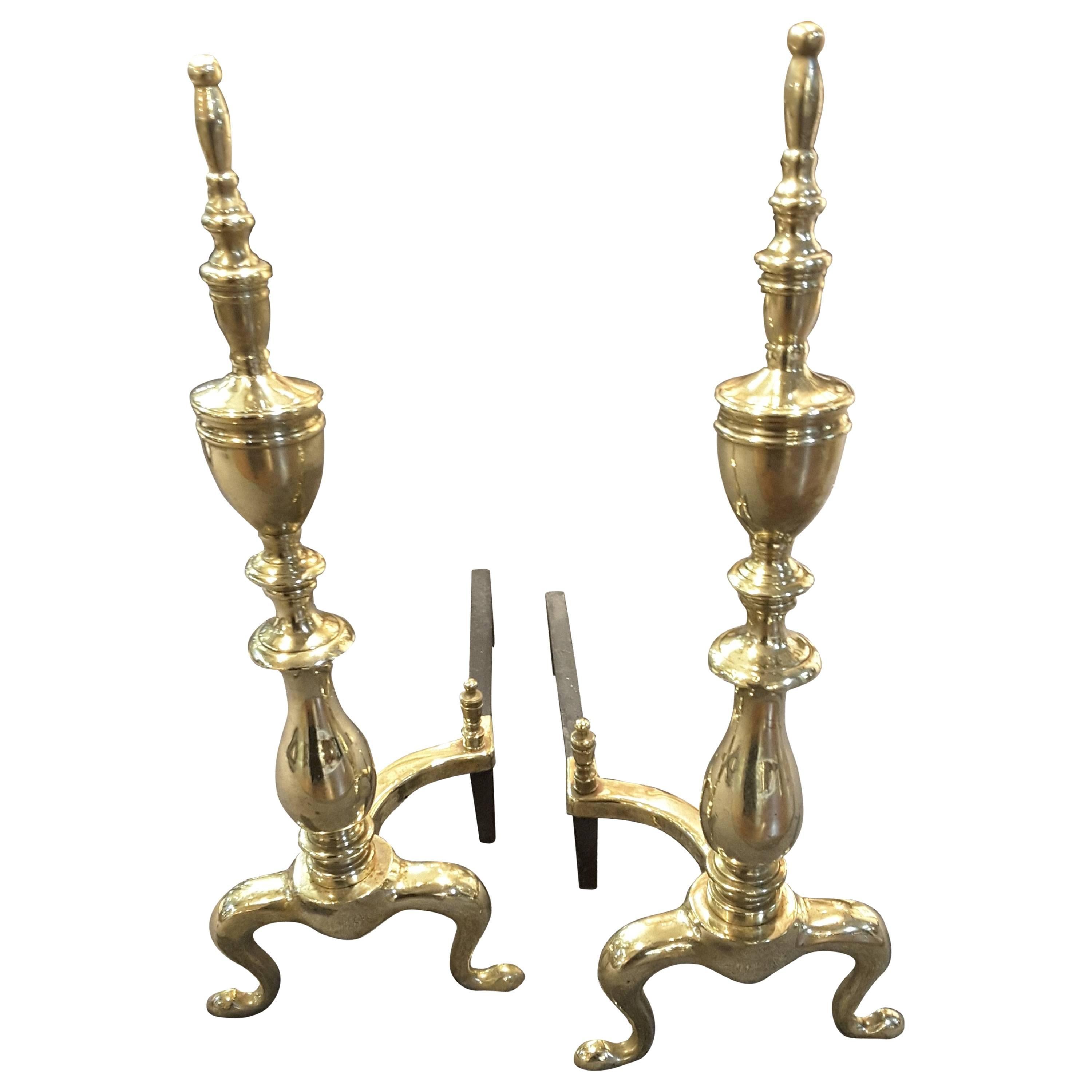 Pair of Late 19th Century Solid Brass Andirons with Log Stops