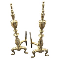 Antique Pair of Late 19th Century Solid Brass Andirons with Log Stops