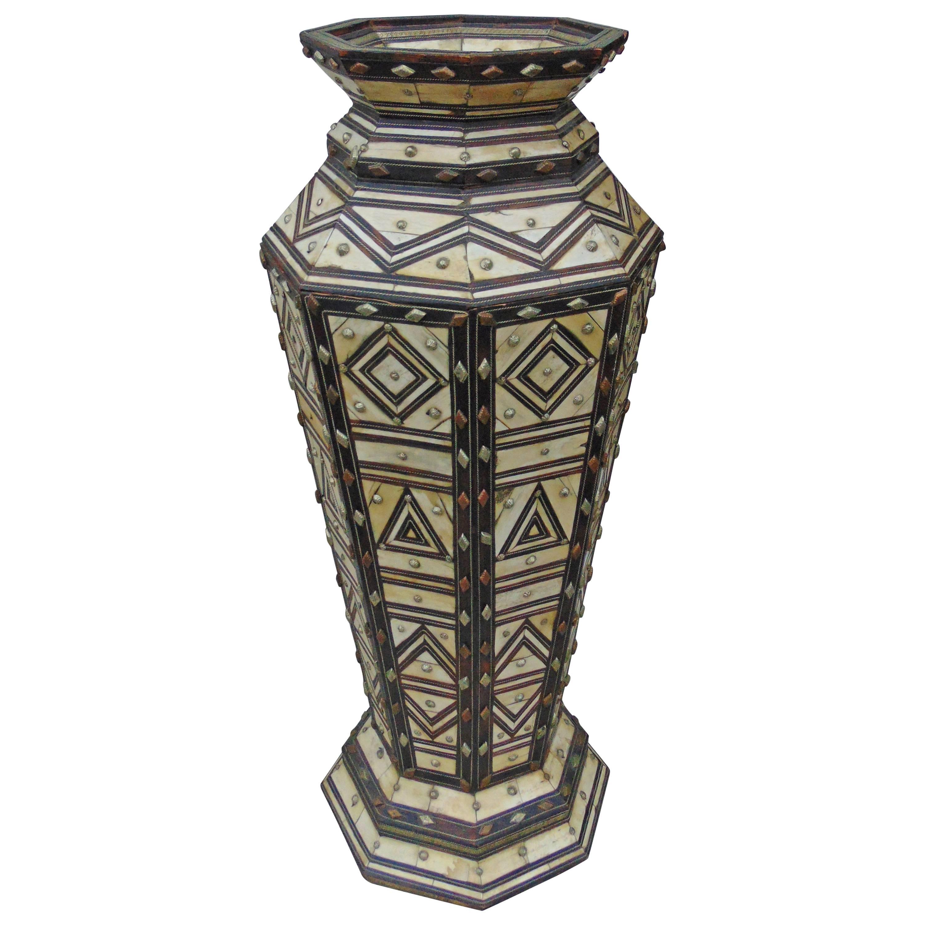 19th Century Bone, Silver, and Wood Marquetry Large Vase
