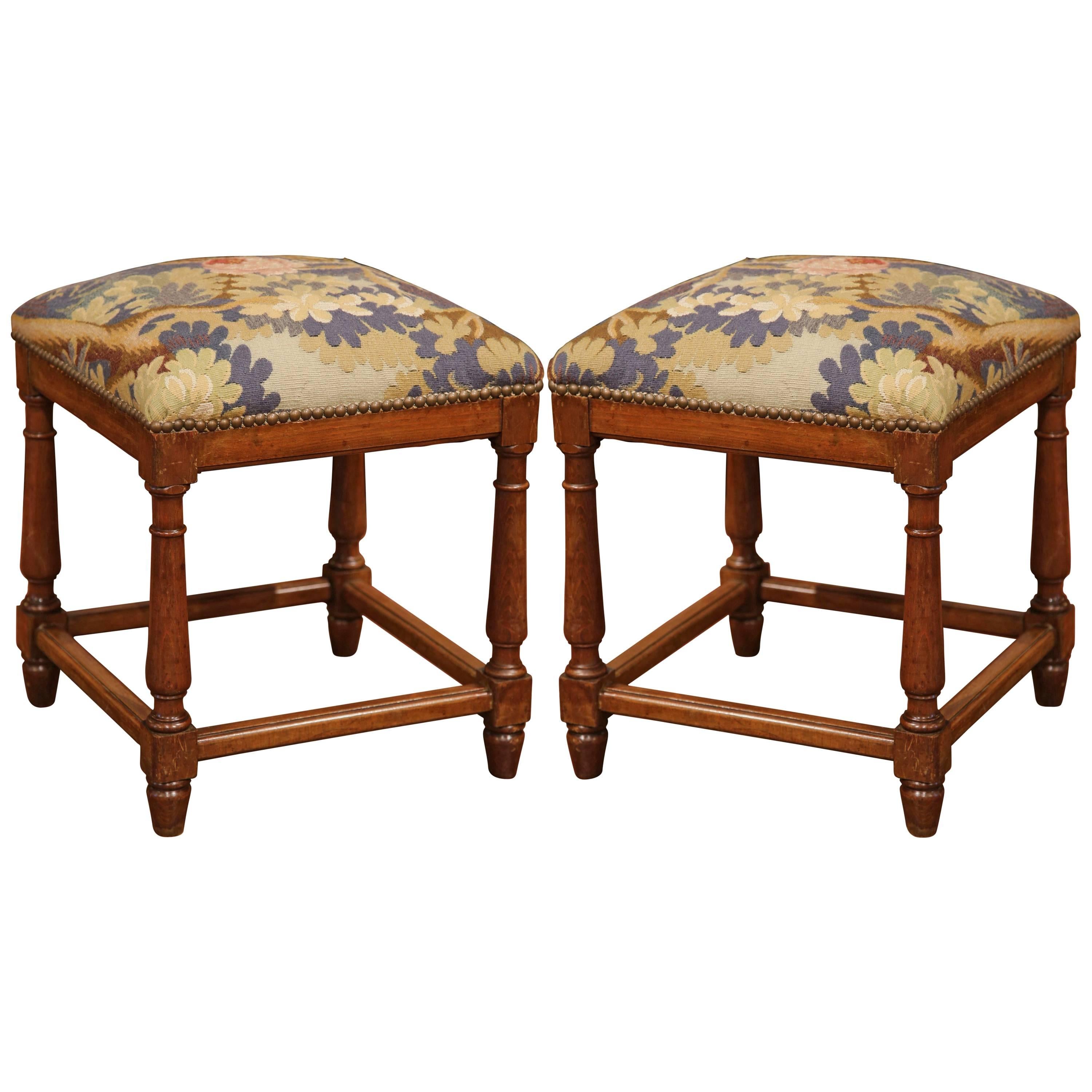 Pair of Mid-19th Century, French Square Walnut Stools with Aubusson Tapestry