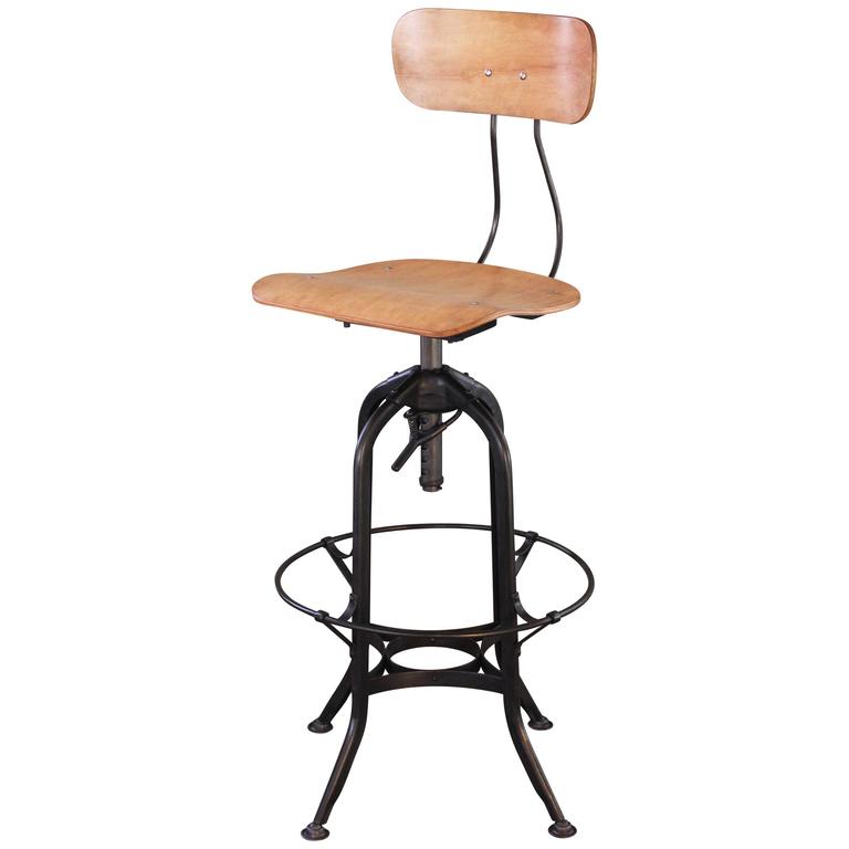 Toledo Bar Stool Vintage Industrial Bent Plywood and Metal Adjustable