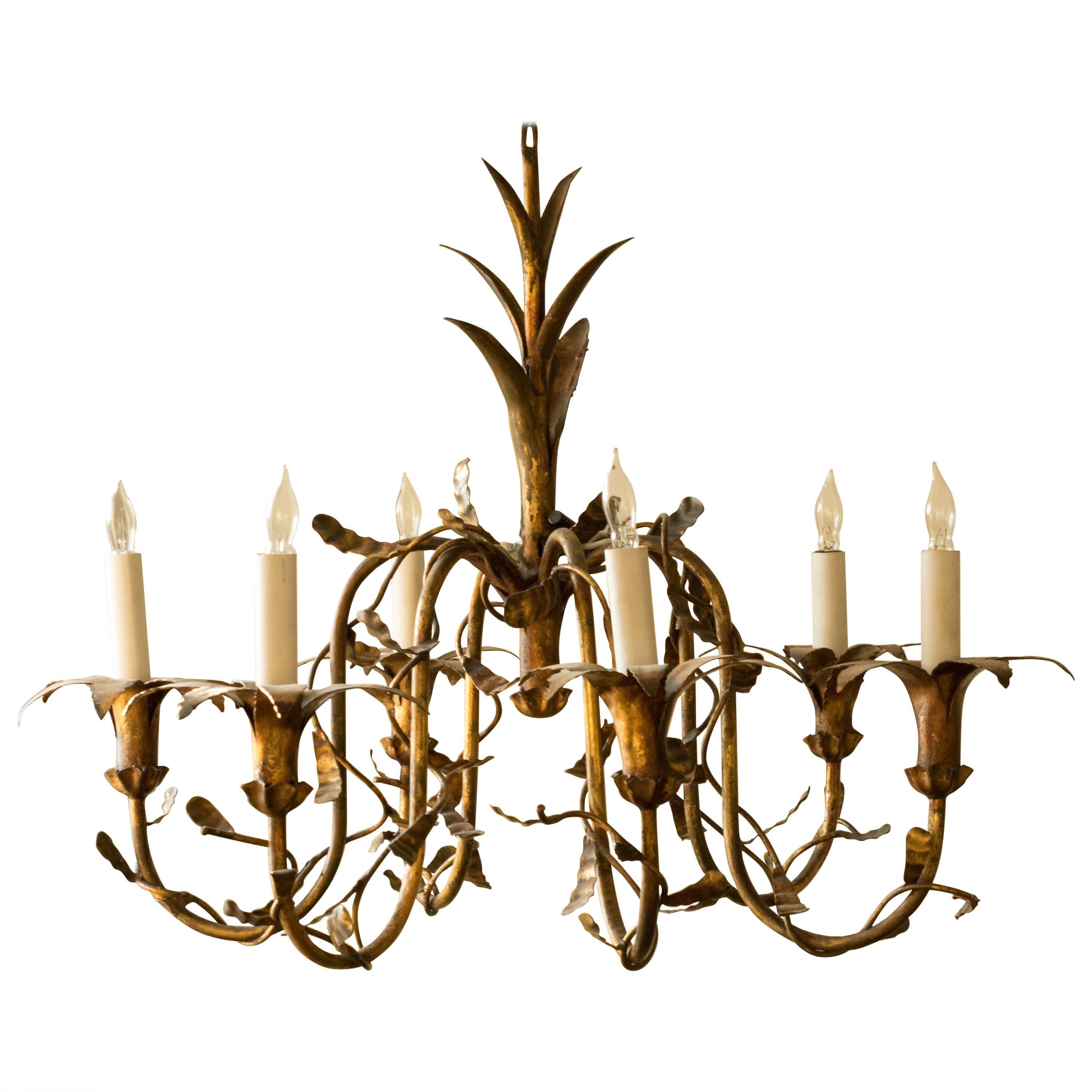Small Spanish 1950s Gilt Metal Floral Chandelier For Sale