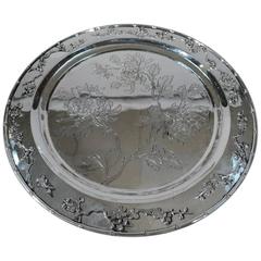 Chinese Export Silver Tray with Blossoming Prunus Branch