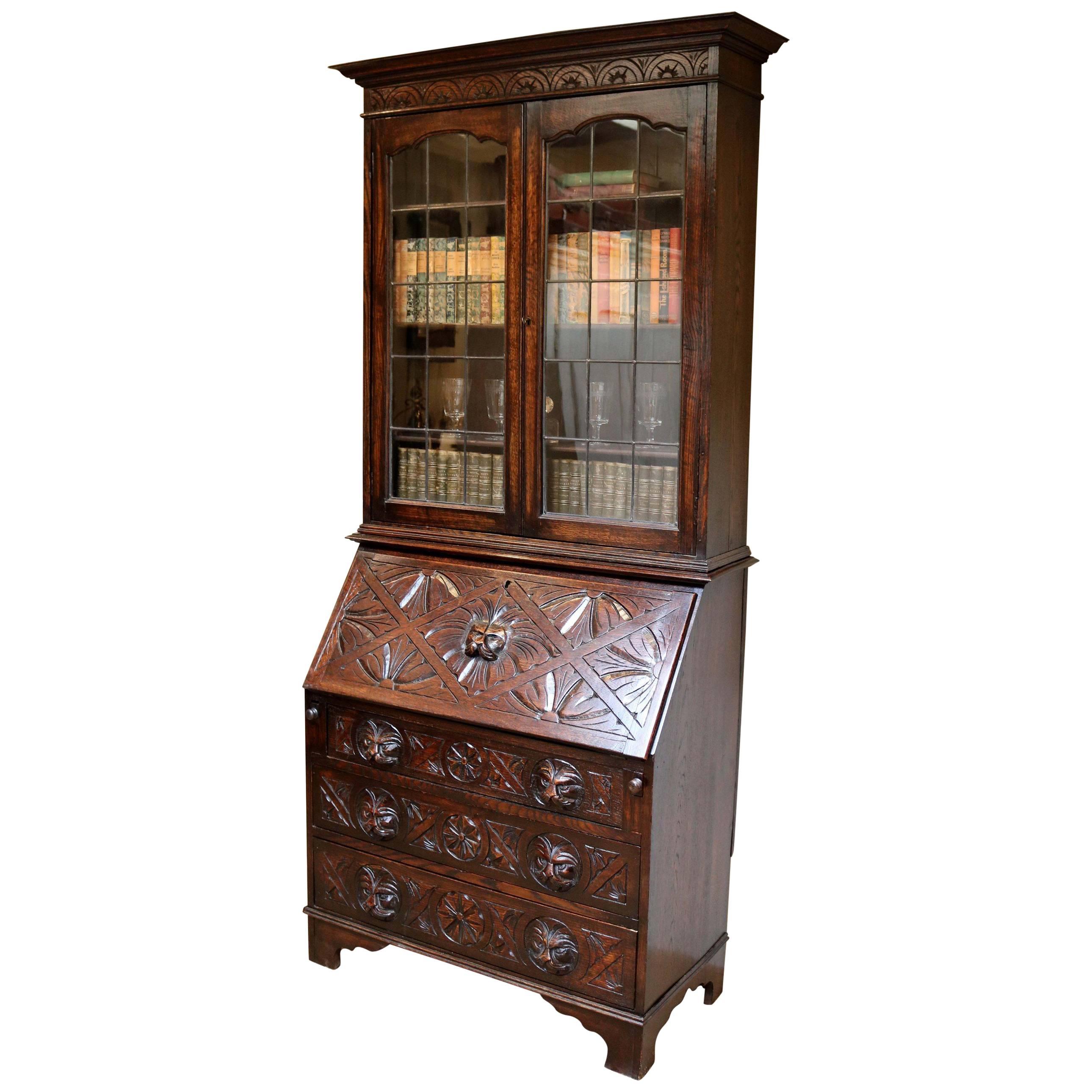 Carved Oak Green Man Bureau Bookcase For Sale