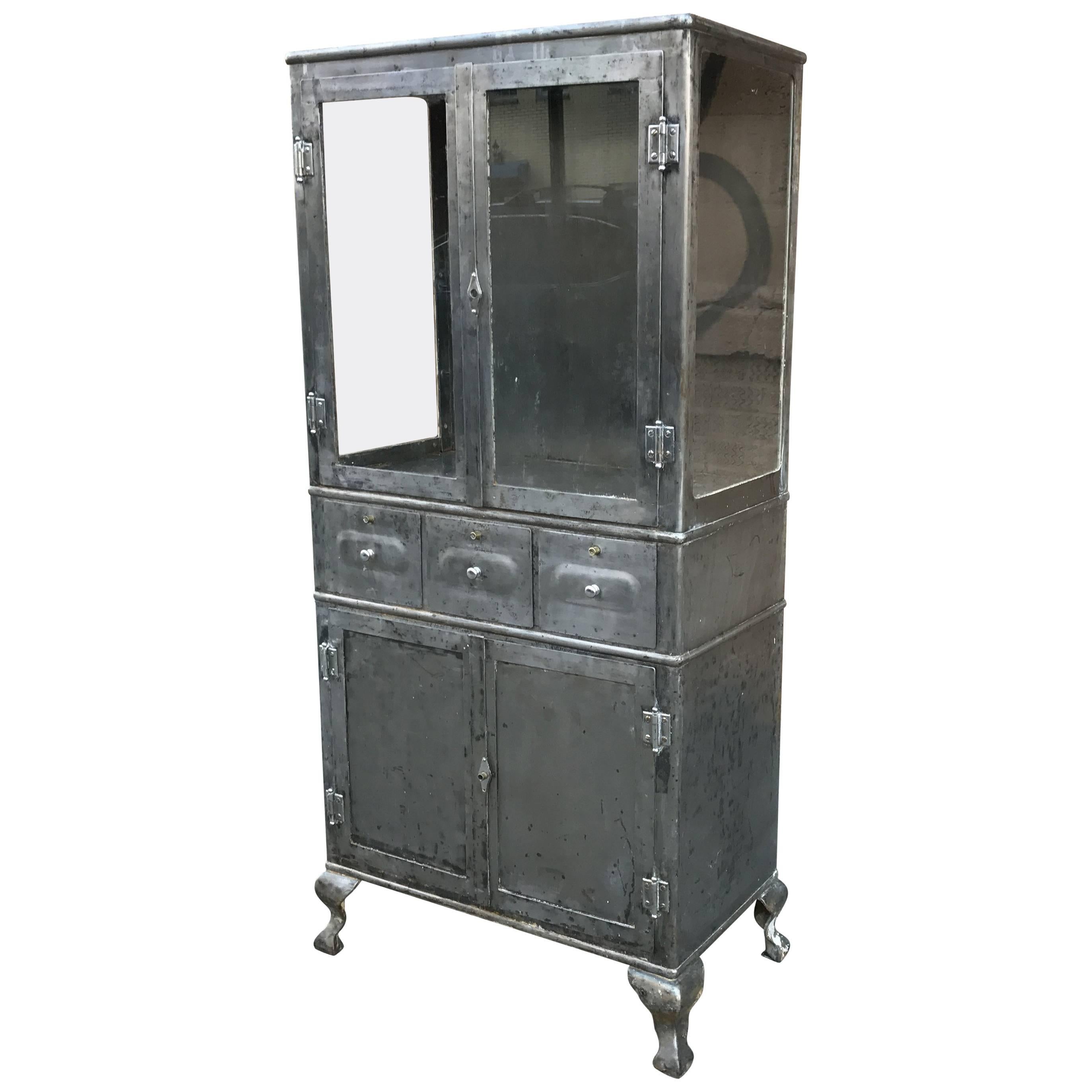 Industrial Brushed Steel Double Door Apothecary Display Cabinet