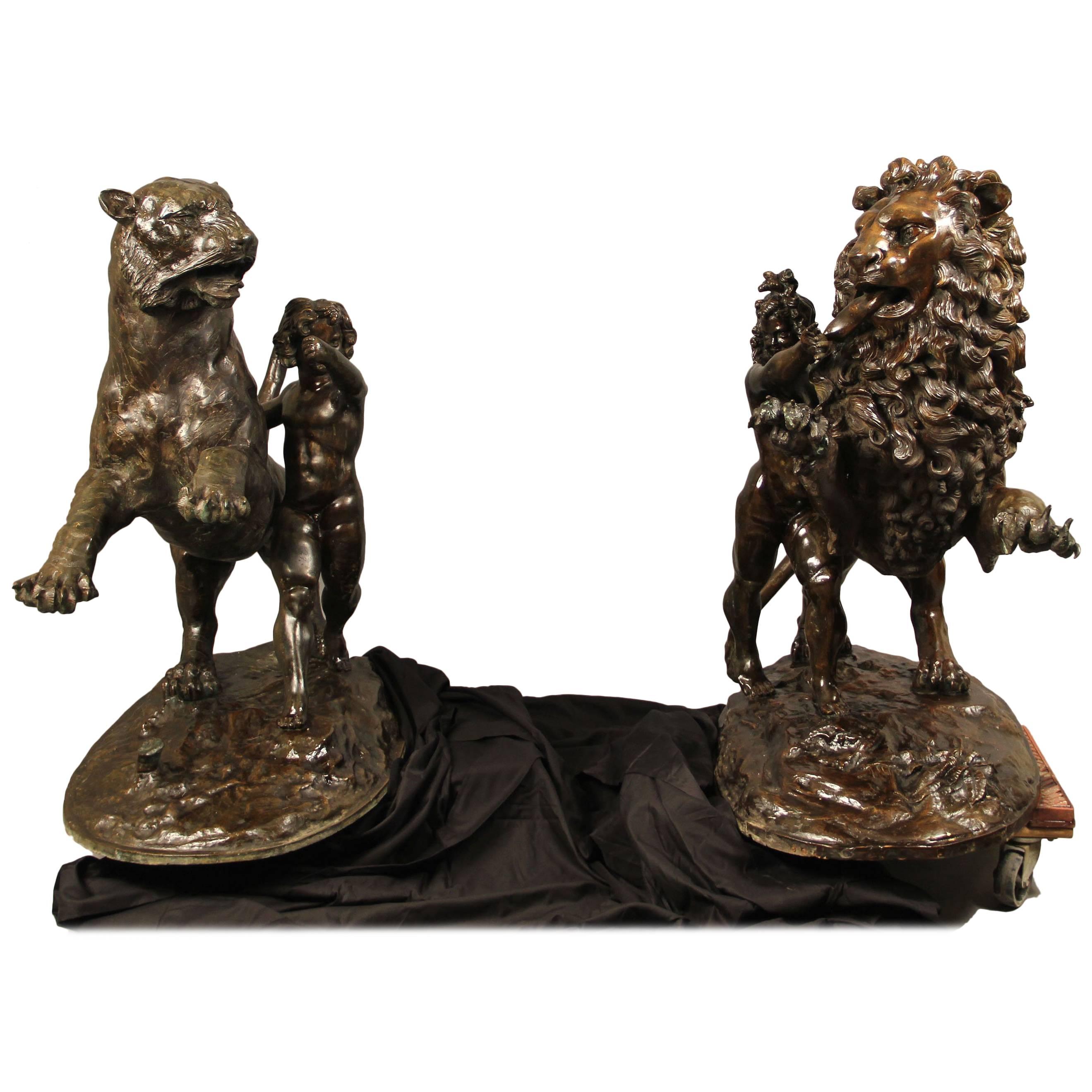 Large Pair of Early 20th Century Bronzes of a Lion and Tiger