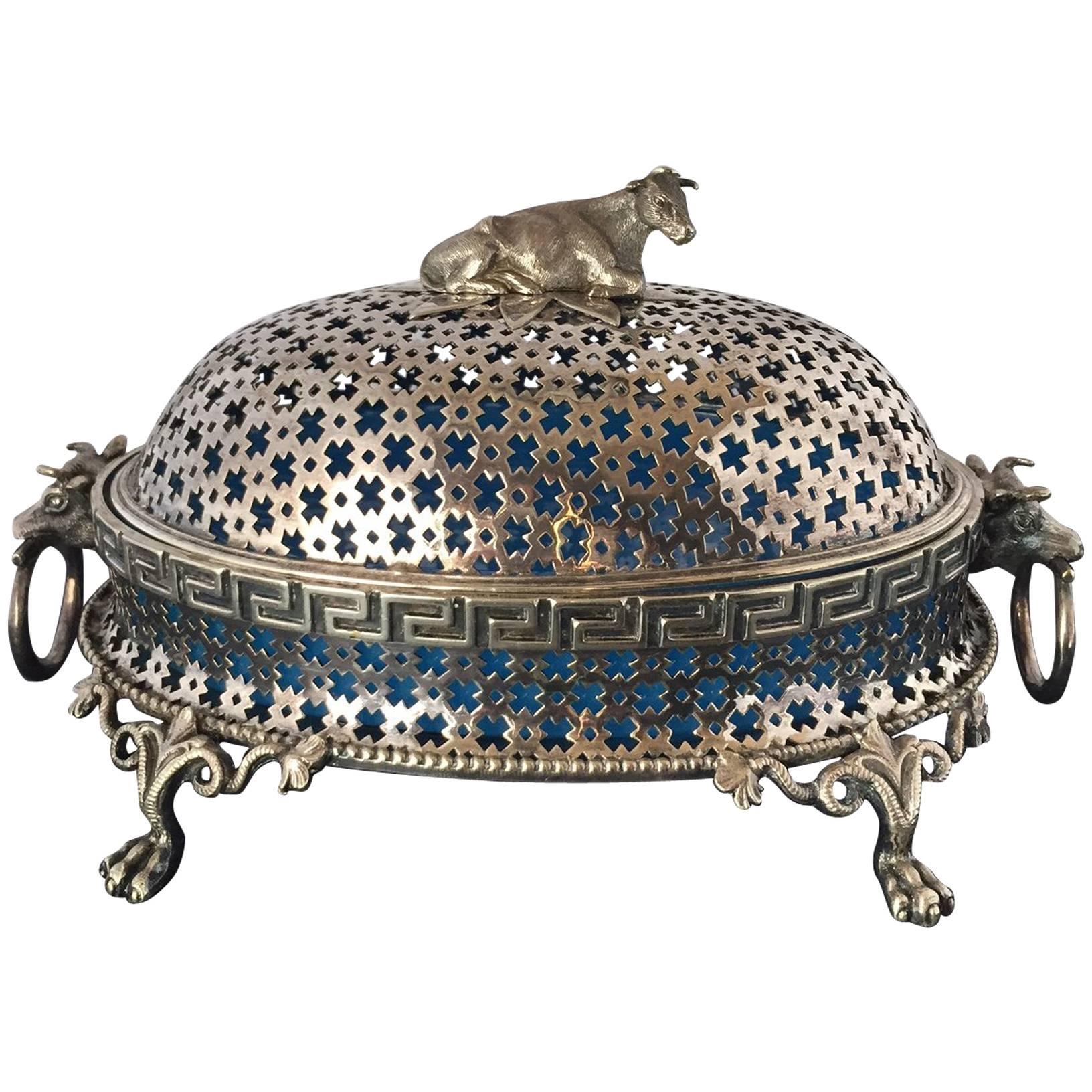 French 19th Century Silver Plated Pierced Dome Butter Dish "Cow Finial" For Sale