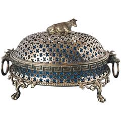 French 19th Century Silver Plated Pierced Dome Butter Dish "Cow Finial"