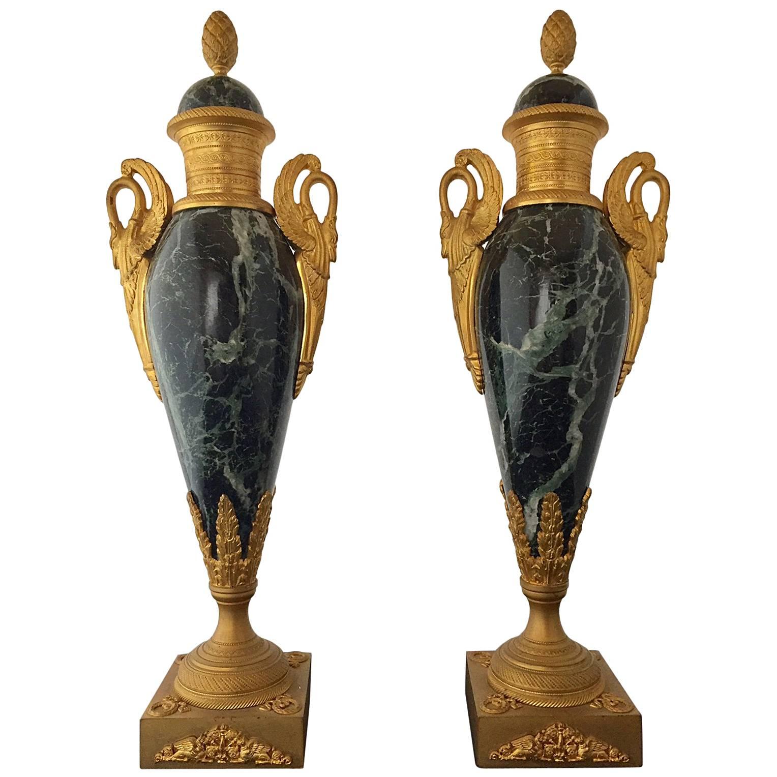 Napoleon III Empire Marble and Gilt Bronze Urns, circa 1860, Swans For Sale