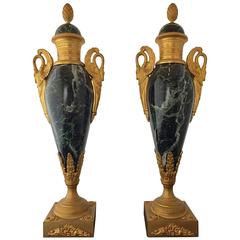 Napoleon III Empire Marble and Gilt Bronze Urns, circa 1860, Swans