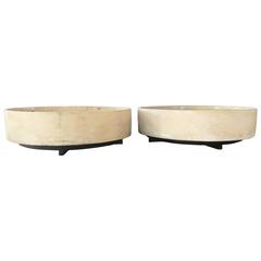 Pair of Very Large Low Architectural Pottery Planters on Original Wood Bases