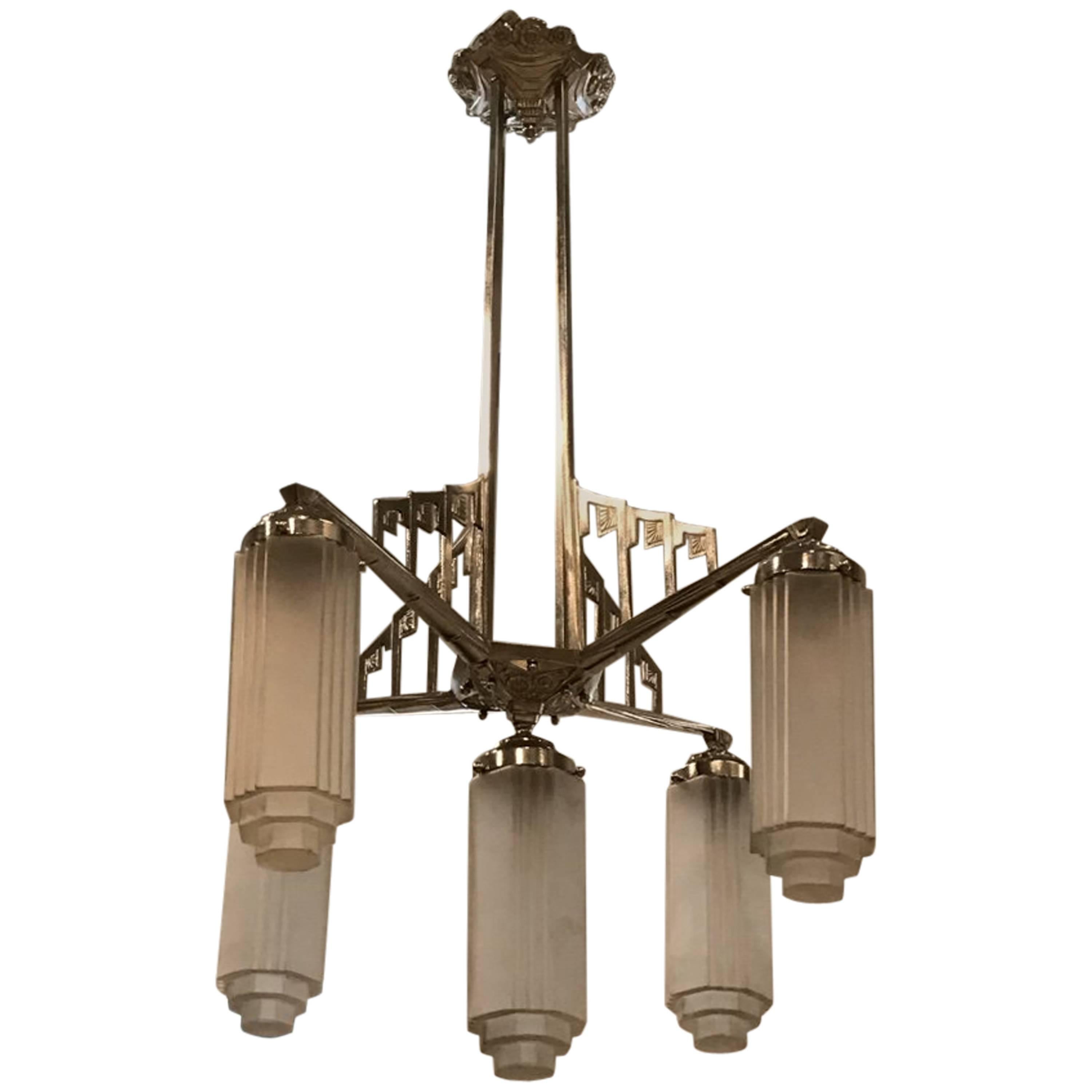 French Art Deco Chandelier with Skyscraper Motif For Sale