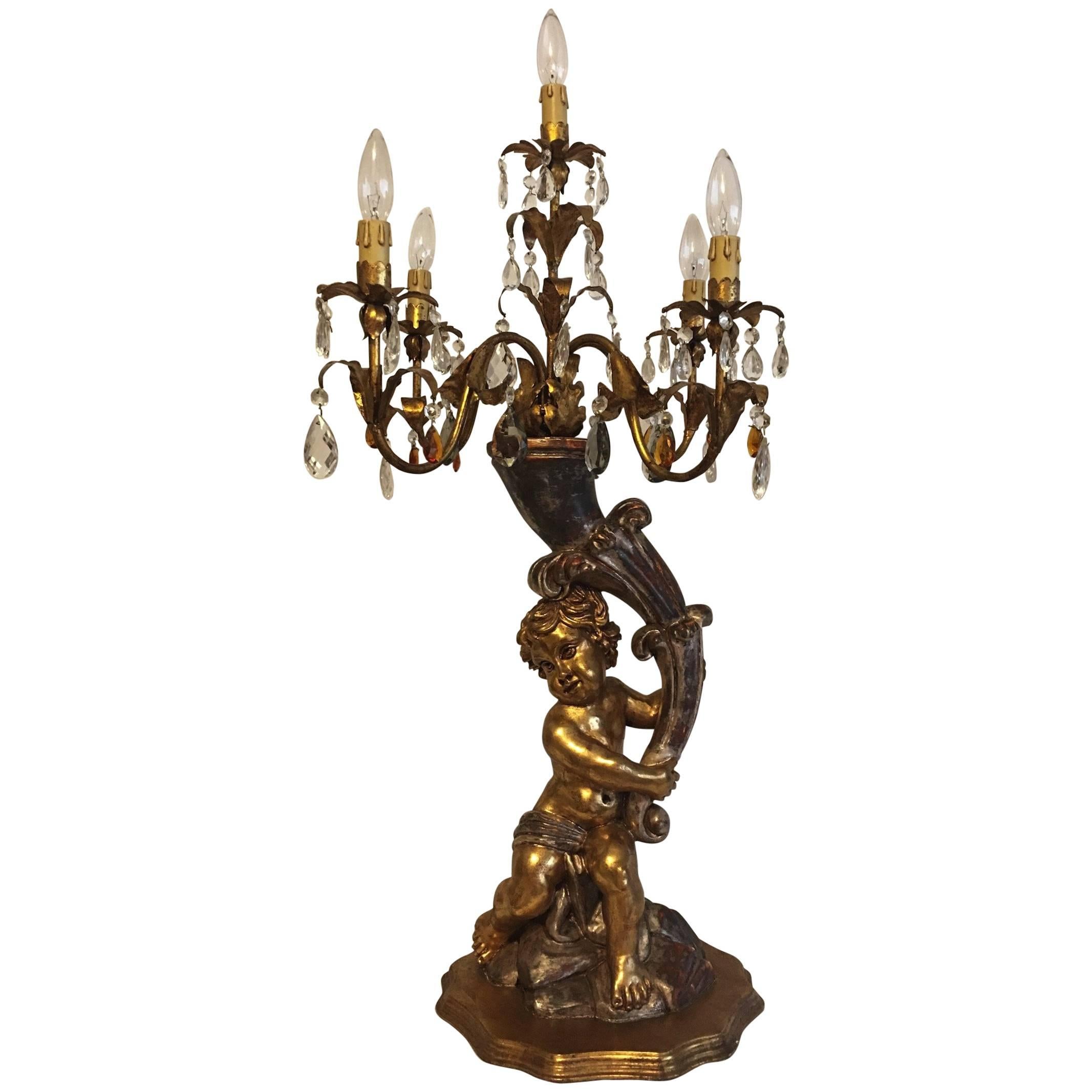 Hollywood Regency Style Cherub Angel Gilded Wood and Crystal Prism Table Lamp For Sale