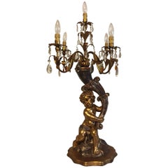 Vintage Hollywood Regency Style Cherub Angel Gilded Wood and Crystal Prism Table Lamp