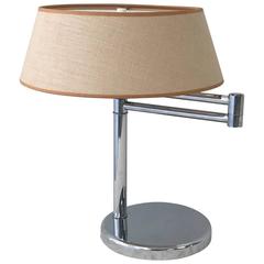 1970s Von Nessen Chrome Swing Arm Desk Lamp with Linen Shade