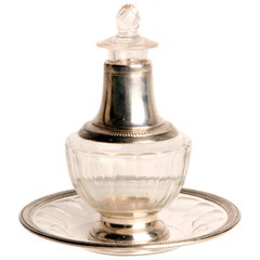 Art Deco Set of Small Glass Vase and Glass Tray with Silver Trim