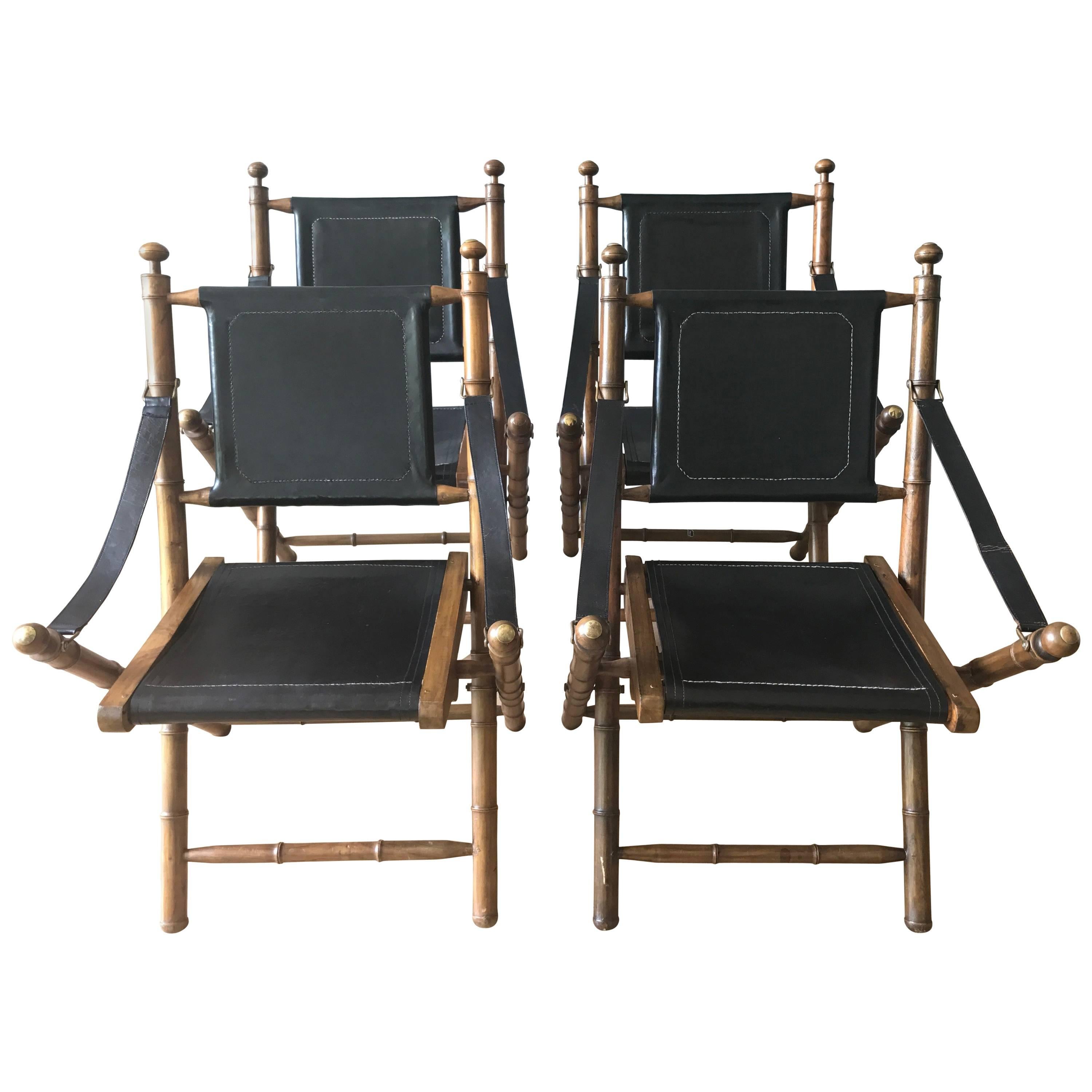 Early 1900s English Leather and Oak Folding Campaign Chairs For Sale