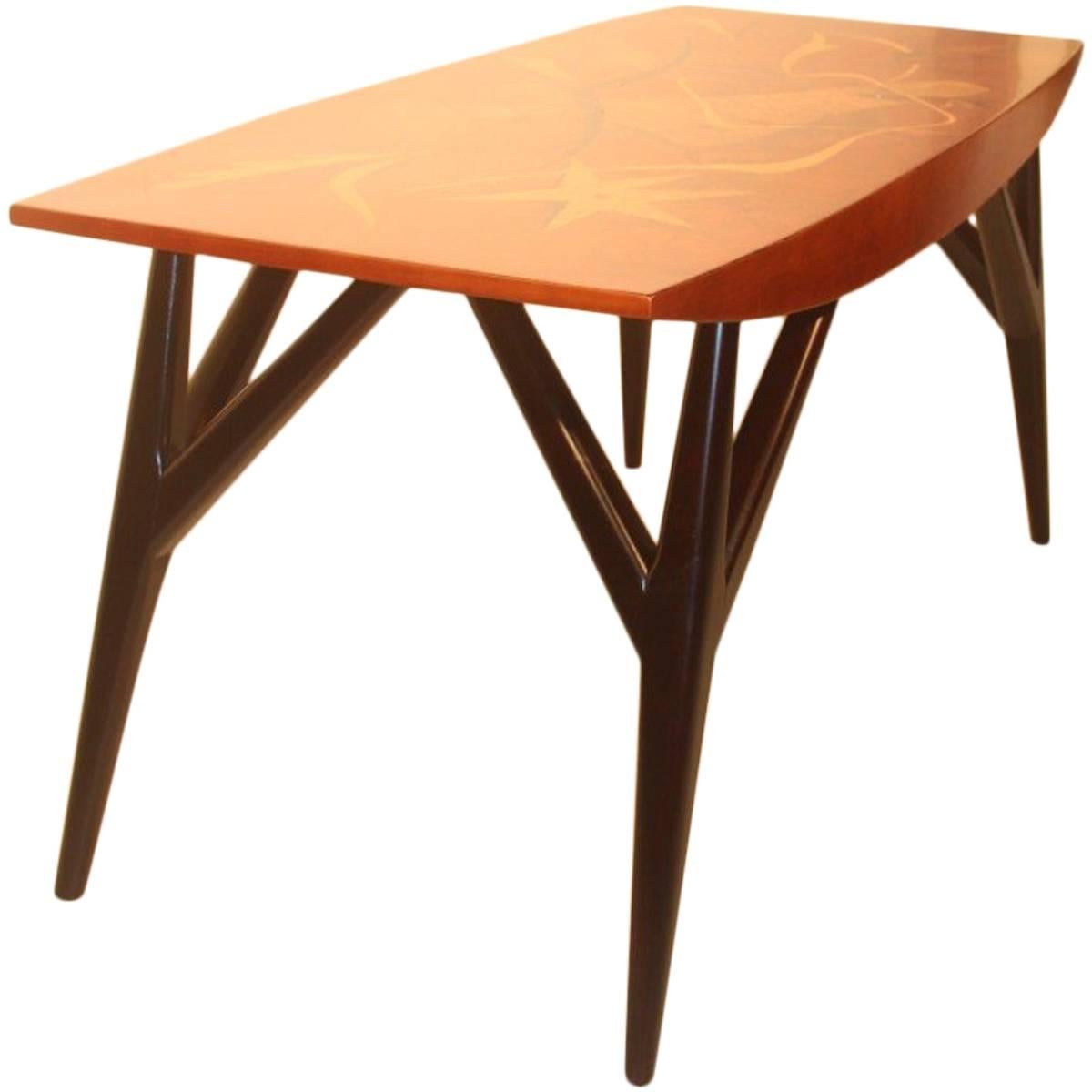 Table basse Luigi Scremin, formes minimalistes et minimalistes, design italien précieux en bois, années 1940