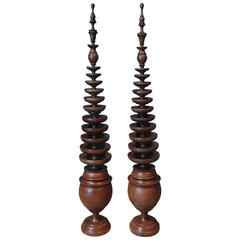 Large Pair of 1960s Turned Wood Finials