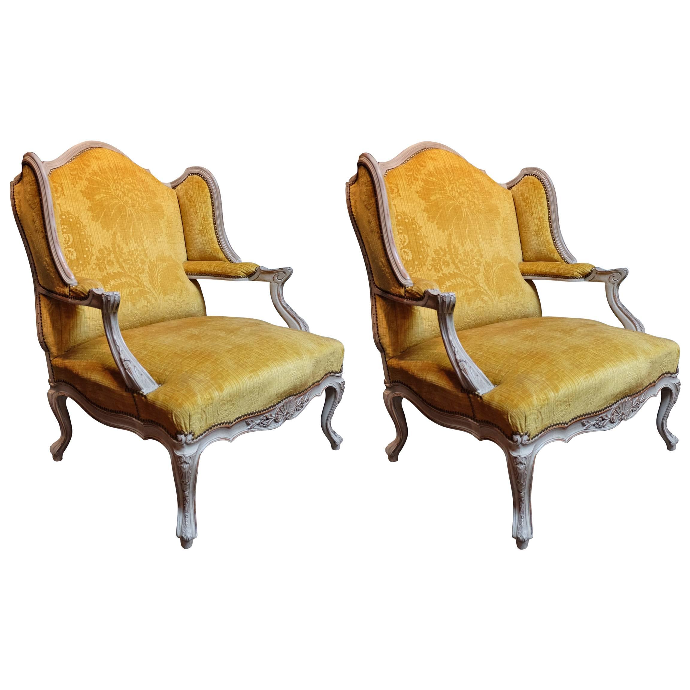 Oversized Pair of 1950s Louis XV Style Wingback Armchairs