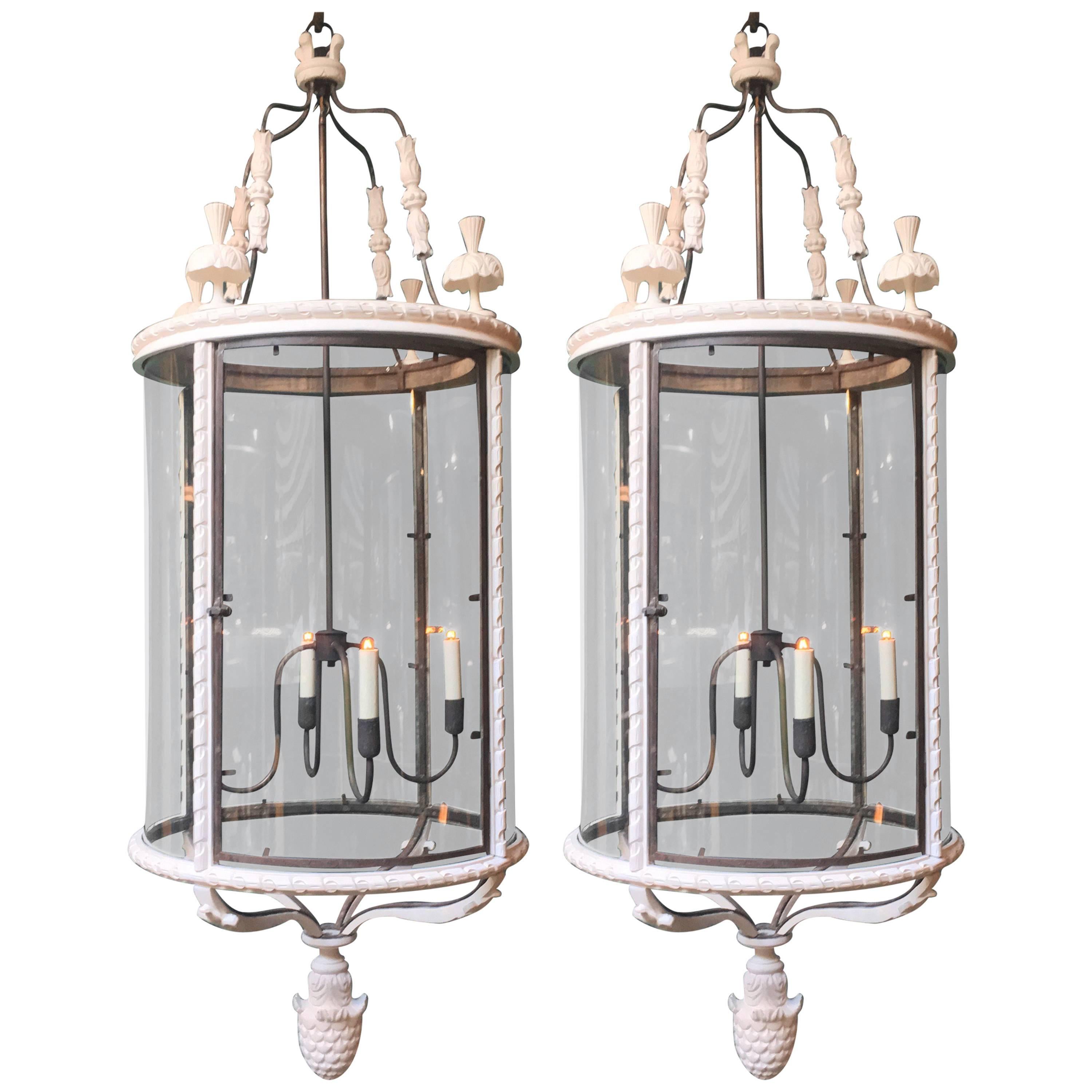 Pair of Large Cylindrical Louis XVI Style Lanterns For Sale