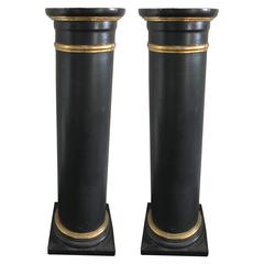 Stately Pair of Antique Ebony and Gilded Pedestals