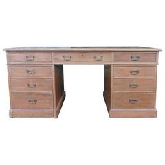 Large Victorian Pitch Pine Desk, Leather Top Barristers Desk by Heal and Sons