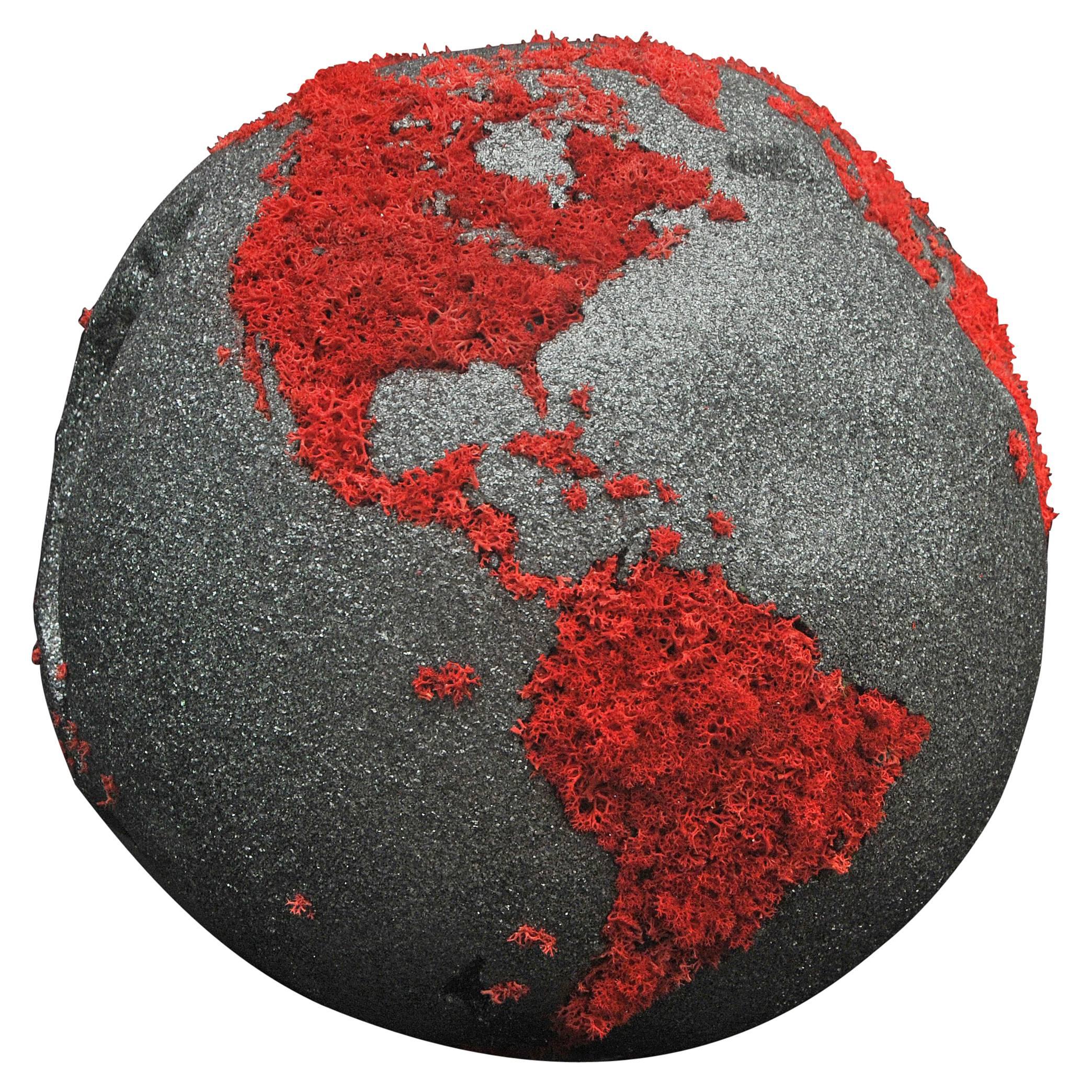 Teak Globe in Stabilized Red Lichen and Black Mica with Rotative Base, 11.81 in