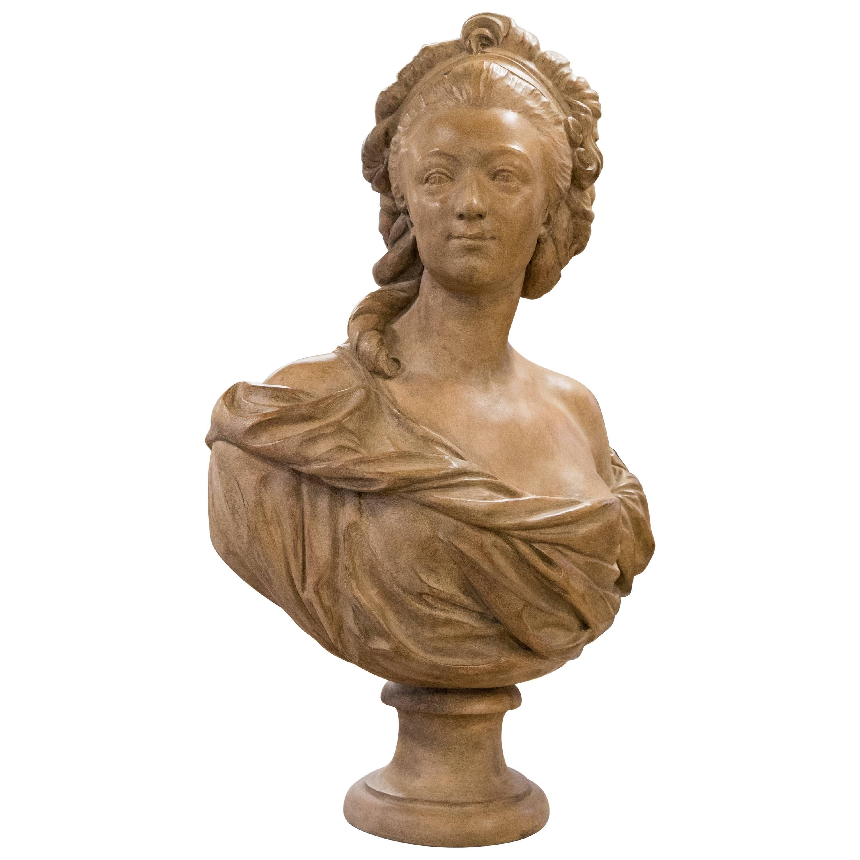 Antique Patina Terracotta Bust Louise de Pange after Augustin Pajou '1730-1809' For Sale