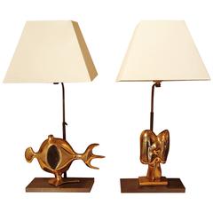 Vintage Pair of Table Lamps with Bronze Sculptures, by Victor Roman, 1970s