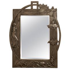 Large Art Nouveau Pewter Wall Mirror, Made in France by Rosa Art De France