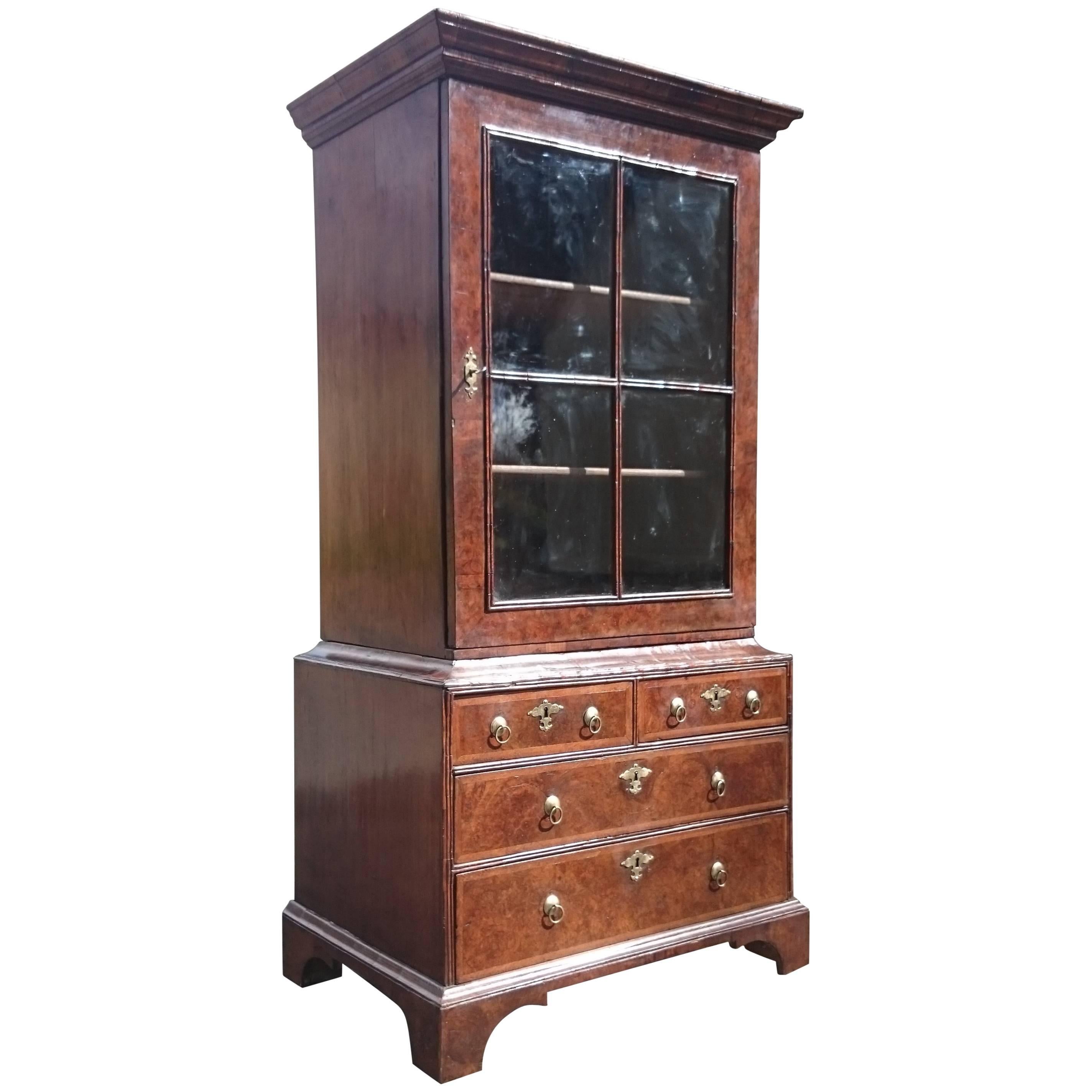 Early 18th Century Queen Anne Burl Walnut Antique Bookcase Cabinet For Sale
