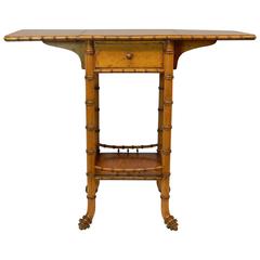 French Faux Wood and Bird's-Eye Maple Bamboo Drop-Leaf Table with Drawer