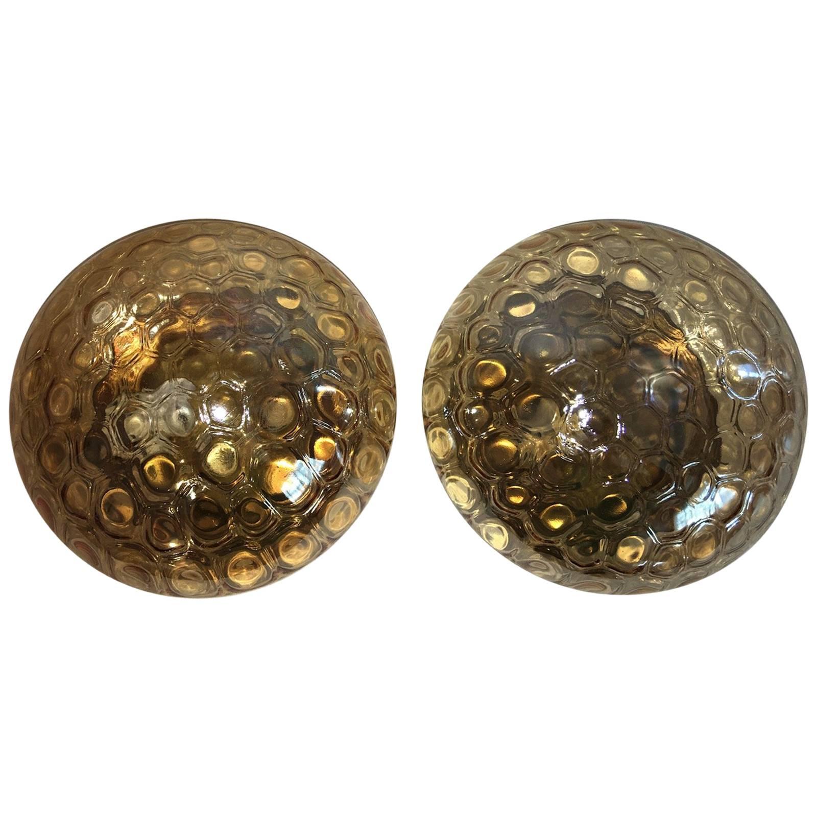 Pair of Tortoise Shell Amber Glass Flush Mounts For Sale