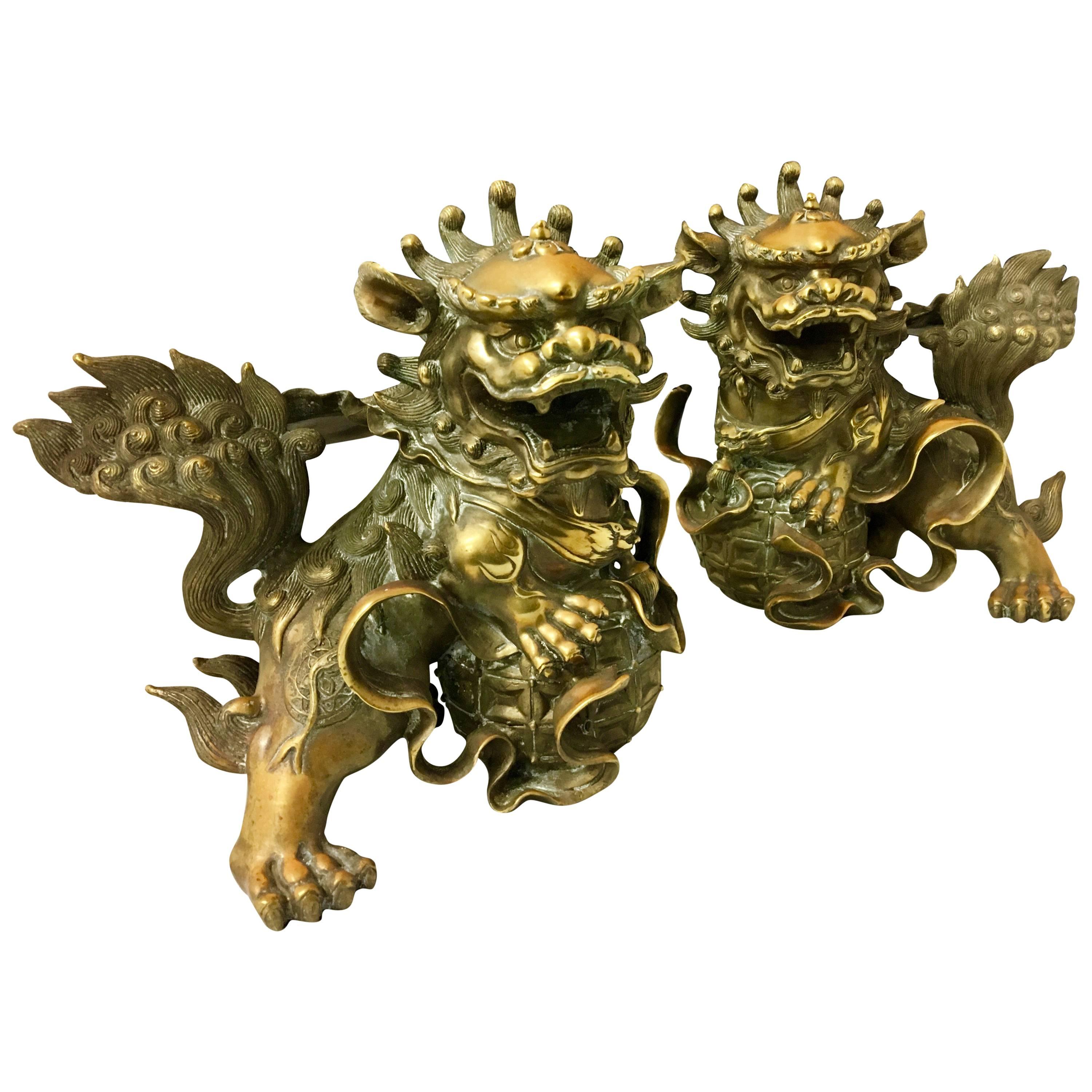 Impressive Pair of Patinated Bronze Chinese Foo Dogs, Lions Statues or Bookends
