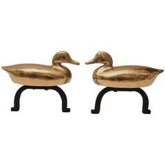 Fireplace Andirons in the Form of a Mallard Duck Silhouette in Polished Brass