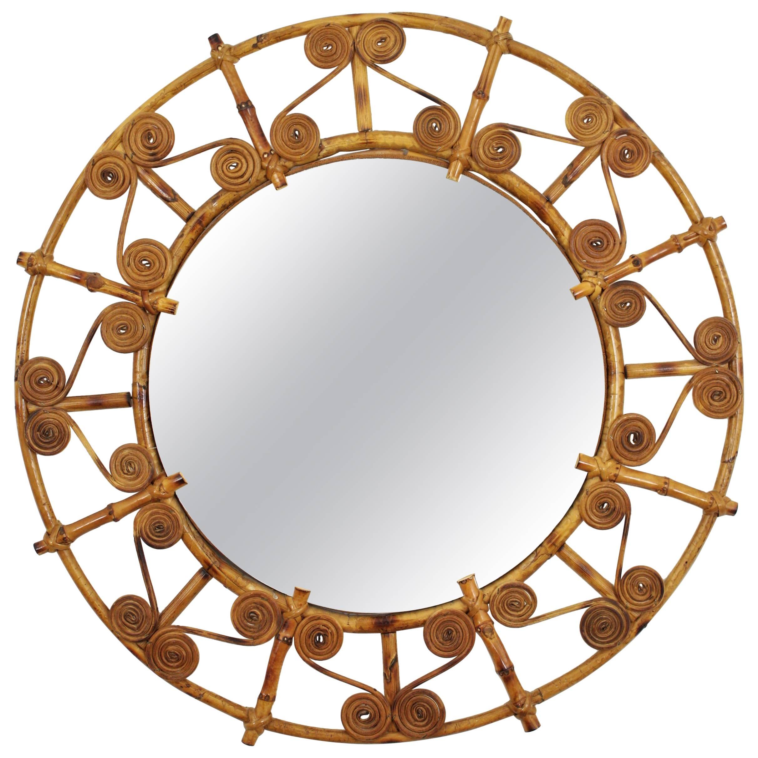 Spanish 1950s Filigree Bamboo and Rattan Circular Mirror